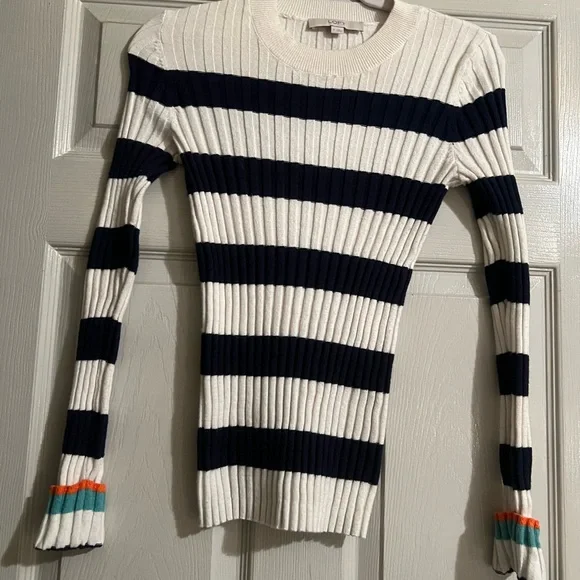 LOFT White & Navy Ribbed Stripe Sweater Dress with Teal & Orange Cuff Accents - Picture 2 of 3